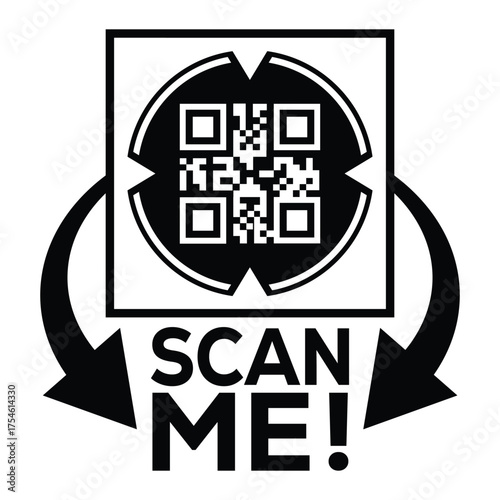 A bold, black and white vector graphic featuring a QR code centered in a square with targeting marks. Large arrows point to the text "SCAN ME!", creating a compelling call-to-action for immediate digi