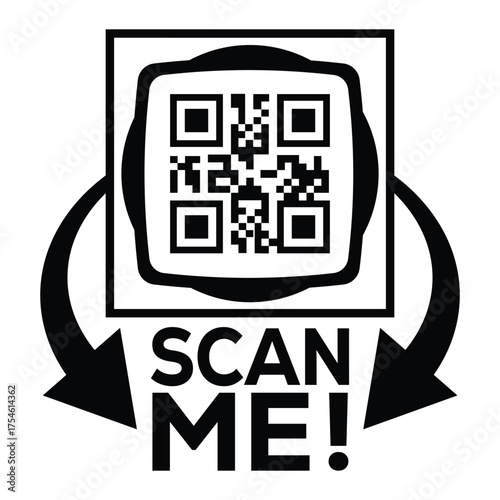 A bold, black and white vector graphic featuring a QR code centered in a square with targeting marks. Large arrows point to the text "SCAN ME!", creating a compelling call-to-action for immediate digi