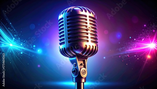 Retro Microphone on Colorful Background with Lights and Sparkles