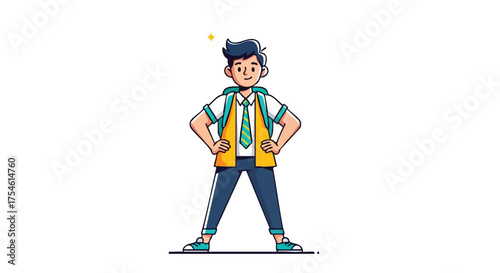 Vector character design of a smiling schoolboy with a backpack. A confident young male pupil in a uniform prepares for learning and academic success