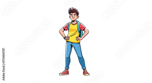 Happy cartoon student character in a confident pose. A young man with a backpack and a cheerful expression, perfect for educational and teen concepts