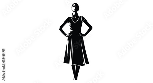 Elegant black and white illustration of a confident woman in a classic dress, striking a powerful pose, symbolizing grace, strength, and timeless style