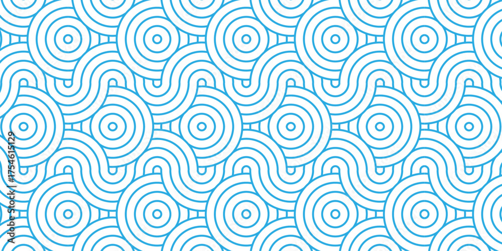 Fototapeta premium Minimal abstract repeat spiral flow overlap geometric fashion element floral seamless pattern with blue wave overlapping circles fabric textile design. 