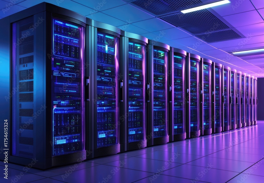 Fototapeta premium Modern IT data center interior with rows of glowing blue and purple server racks, ideal for AI cloud infrastructure, cybersecurity, and high-performance computing concepts