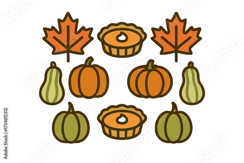 Autumn harvest arrangement of pumpkins gourds maple leaves and pumpkin pies