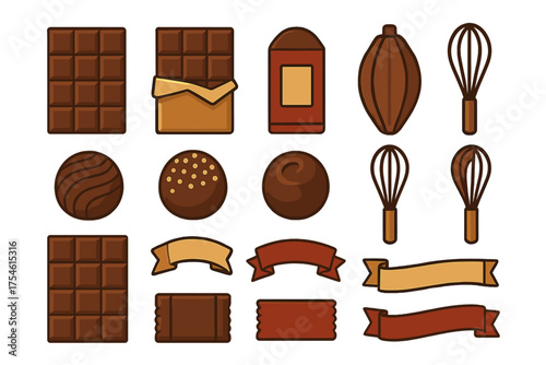 Chocolate bars truffles cocoa pod and baking whisks with decorative ribbons