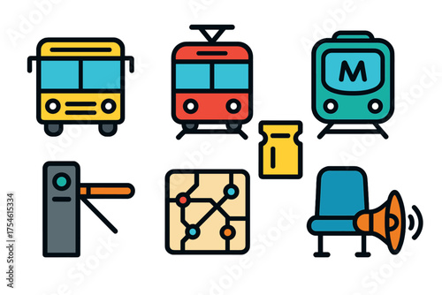 Essential public transit and urban mobility symbols including bus train ticket and station elements