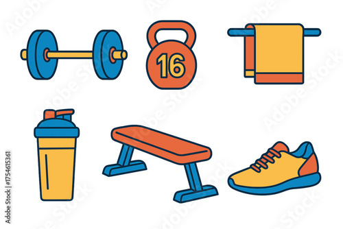 Collection of essential gym and fitness equipment including weights, bench, athletic shoe, and shaker bottle