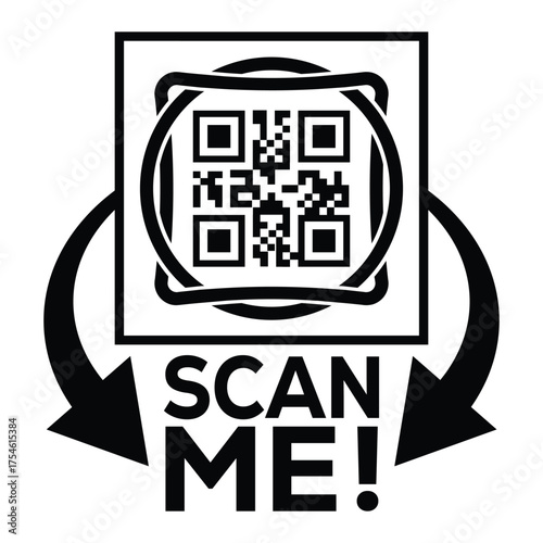 A bold, black and white vector graphic featuring a QR code centered in a square with targeting marks. Large arrows point to the text "SCAN ME!", creating a compelling call-to-action for immediate digi