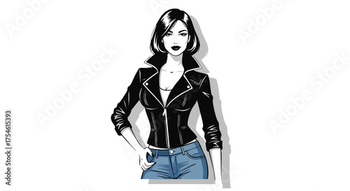 Illustration of a stylish woman in a black leather jacket and blue jeans, confidently posing against a white background