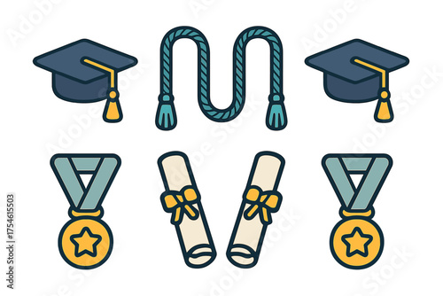 Assortment of graduation ceremony items: mortarboard caps, diplomas, academic cord, and achievement medals