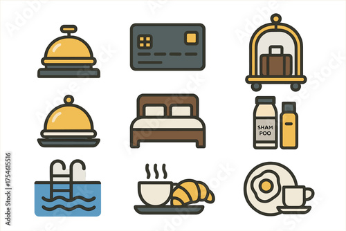 Essential hotel and travel services symbols covering room amenities, dining, and payment options