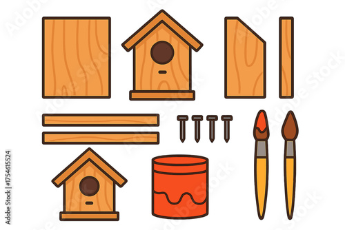 DIY birdhouse construction kit with wood panels, nails, paint, and brushes