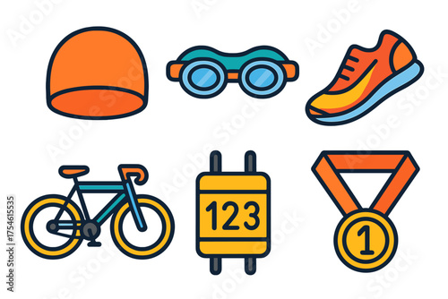 Triathlon sports equipment set including swimming cap goggles bicycle running shoe medal and race number