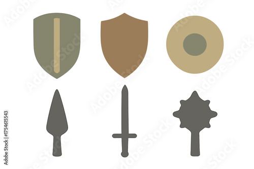 Set of medieval fantasy weapon and shield icons featuring sword spear and mace