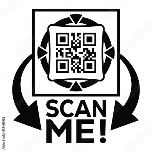 A bold, black and white vector graphic featuring a QR code centered in a square with targeting marks. Large arrows point to the text "SCAN ME!", creating a compelling call-to-action for immediate digi