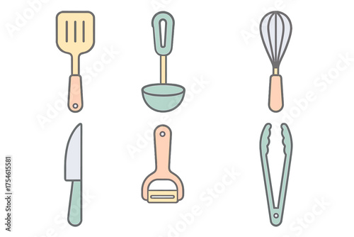 Essential kitchen utensils set including spatula whisk ladle knife and peeler in pastel colors
