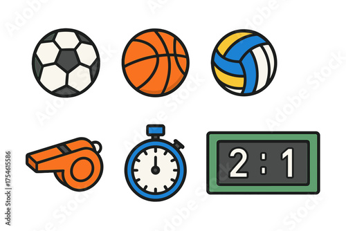 Sports equipment collection with balls, whistle, stopwatch, and scoreboard symbols