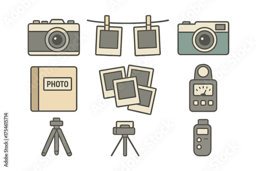 Collection of photography equipment icons including vintage cameras, instant photos, light meter, and tripods
