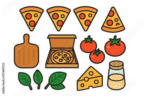 Set of pizza slices, delivery box, cutting board, tomatoes, cheese, and seasoning shaker elements