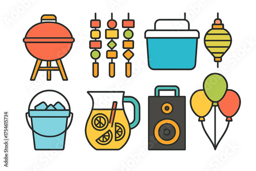 Barbecue grill, skewers, cooler, pitcher, speaker, and balloons for outdoor summer party