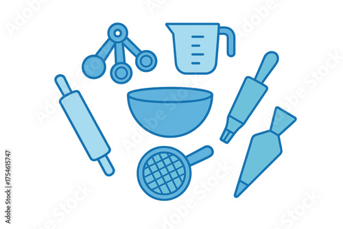 Blue outline icons of essential baking tools including mixing bowl measuring cup and rolling pins