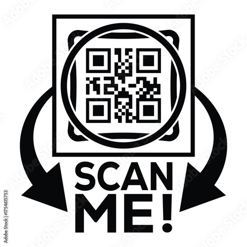 A bold, black and white vector graphic featuring a QR code centered in a square with targeting marks. Large arrows point to the text "SCAN ME!", creating a compelling call-to-action for immediate digi