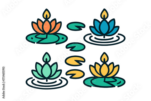 Four stylized colorful lotus flowers with burning flames floating on lily pads and water ripples