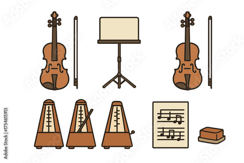 Classical string instrument practice set with violins, bows, metronomes, music stand, and sheet music