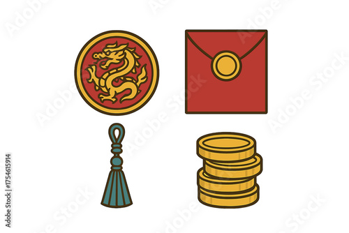 Traditional Chinese New Year symbols including dragon medallion red envelope tassel and gold coins