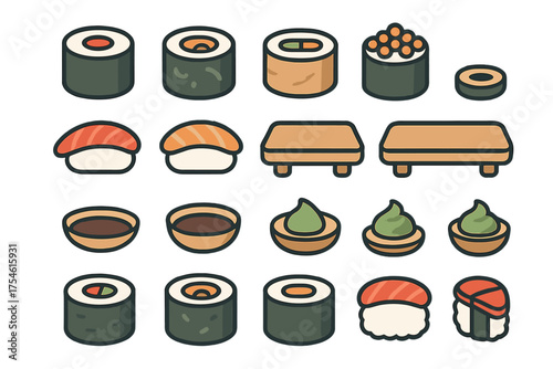 Japanese sushi rolls nigiri and sashimi set with soy sauce and wasabi on white background