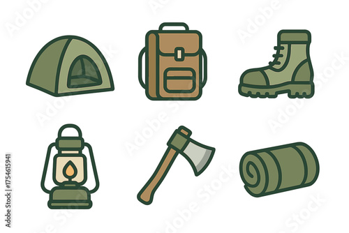 Outdoor adventure and wilderness survival equipment featuring tent, backpack, boot, lantern, and axe
