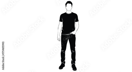 Full-Length Silhouette of a Person in Casual Attire Black T-Shirt, Jeans, and Simple Outline