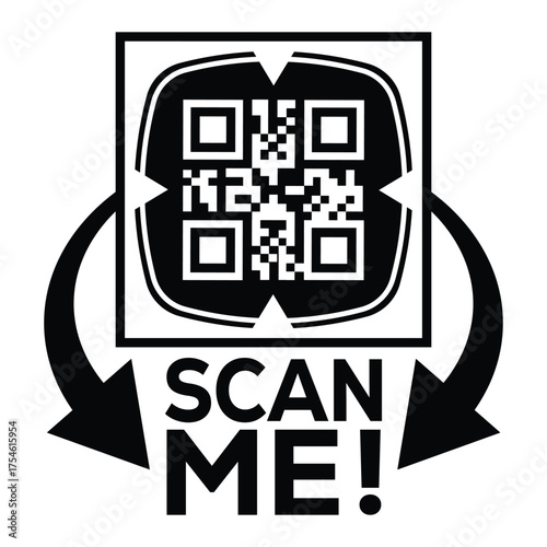 A bold, black and white vector graphic featuring a QR code centered in a square with targeting marks. Large arrows point to the text "SCAN ME!", creating a compelling call-to-action for immediate digi