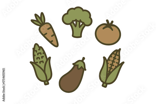 Fresh organic vegetables including carrot broccoli tomato corn and eggplant arranged in a circle