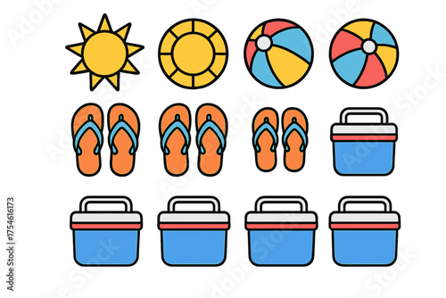 Colorful collection of summer vacation and beach essentials: sun, flip flops, beach balls, coolers