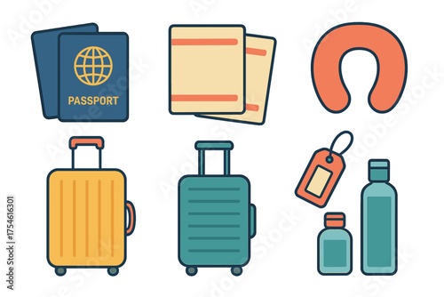 Essential items for international travel including passport tickets luggage and neck pillow