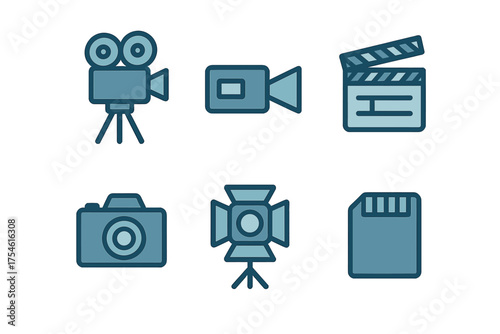 Blue icons set of film production, video recording, and photography equipment symbols