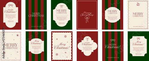 Collection of elegant Christmas greeting cards in a classic red, green, and beige palette. Minimalist festive typography, bows, snowflakes, and traditional holiday motifs
