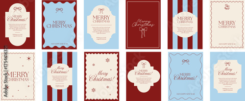 Minimalist collection of Christmas greeting cards in red, beige, and pastel blue tones. Elegant typography with bows, snowflakes, and festive quotes in vintage style.