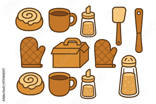 Collection of kitchen essentials, baking tools, and sweet treats for coffee preparation