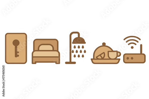Essential hotel amenities collection featuring key card, bed, shower, room service, and wireless internet