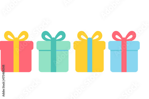 A row of brightly colored wrapped present boxes adorned with ribbons and bows
