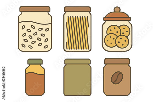Six kitchen pantry storage jars filled with dry food ingredients like beans, pasta, and coffee