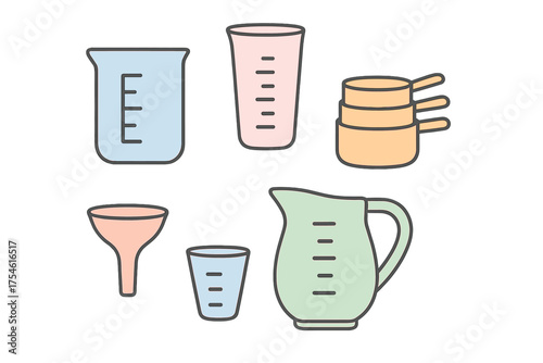 Colorful kitchen measuring tools set including cups, spoons, funnel, and pitcher