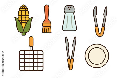 Set of essential barbecue and grilling tools including corn on the cob, basting brush, salt shaker, tongs, and plate