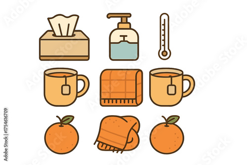 Essential items for managing cold and flu symptoms such as hot tea, tissue box, blanket, and thermometer