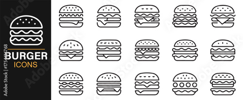 Outline and filled burger icon set for cafe, snack, and meal concept vector artwork