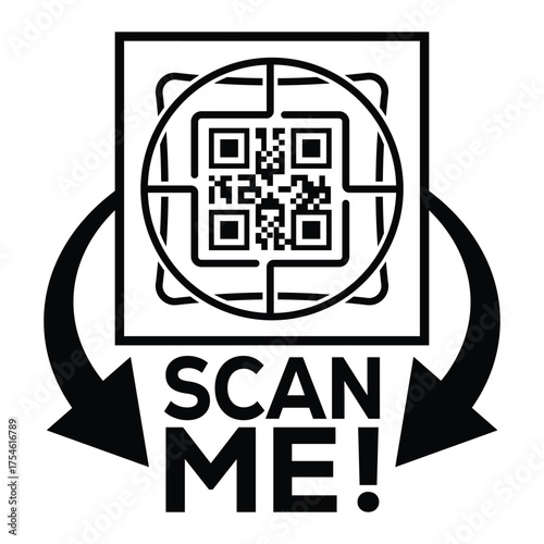 A bold, black and white vector graphic featuring a QR code centered in a square with targeting marks. Large arrows point to the text "SCAN ME!", creating a compelling call-to-action for immediate digi
