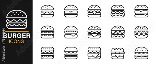 Outline and filled burger icon set for cafe, snack, and meal concept vector artwork